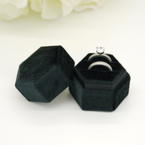 Black Hexagon Double Velvet Ring Box