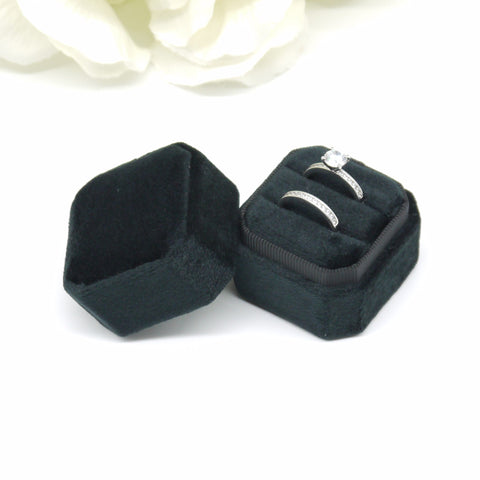 Black Square Octagon Double Velvet Ring Box