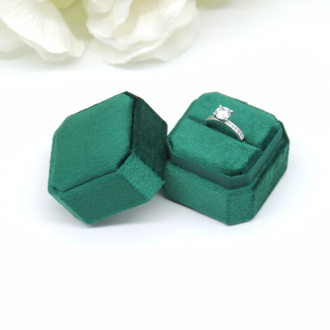 Green Square Octagon Single Velvet Ring Box