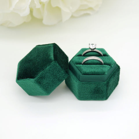 Green Hexagon Double Velvet Ring Box