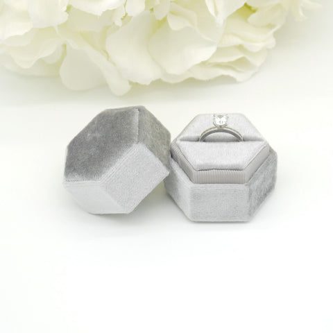 Grey (Light Banding) Hexagon Single Velvet Ring Box