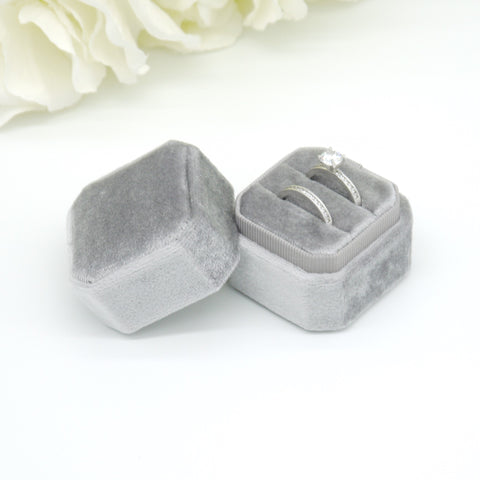 Grey (Light Banding) Square Octagon Double Velvet Ring Box
