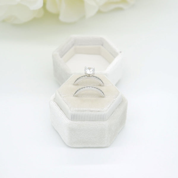Ivory Hexagon Double Velvet Ring Box