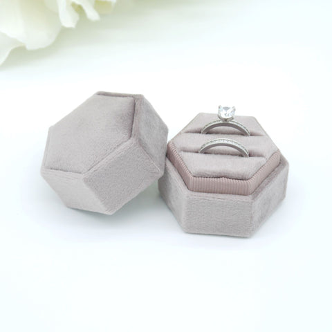 Grey Lavender Hexagon Double Velvet Ring Box