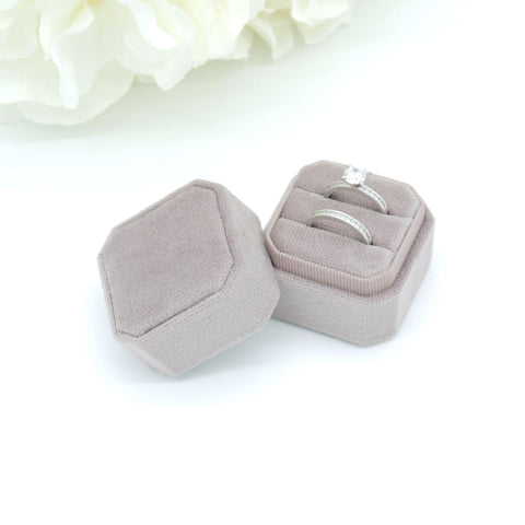 Grey Lavender Square Octagon Double Velvet Ring Box
