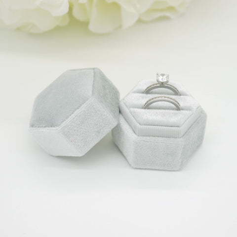 Light Grey Hexagon Double Velvet Ring Box