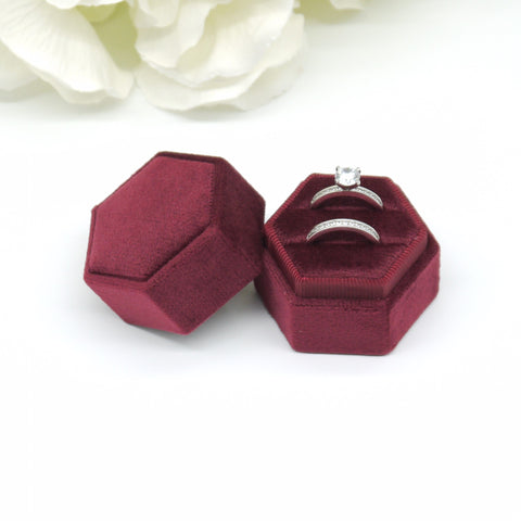 Maroon Hexagon Double Velvet Ring Box