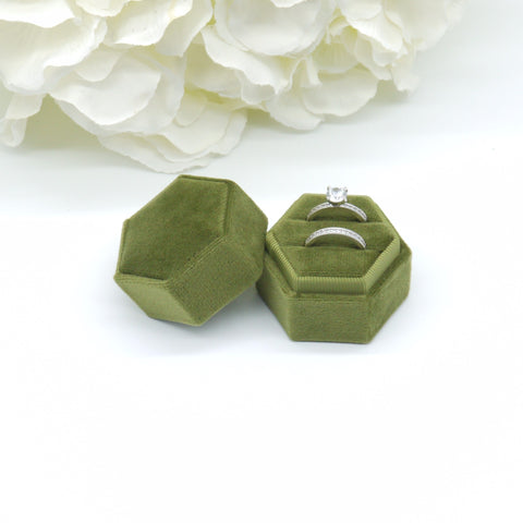 Olive Green Hexagon Double Velvet Ring Box