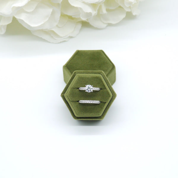 Olive Green Hexagon Double Velvet Ring Box