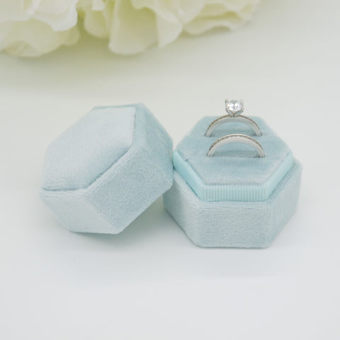 Pale Blue Hexagon Double Velvet Ring Box
