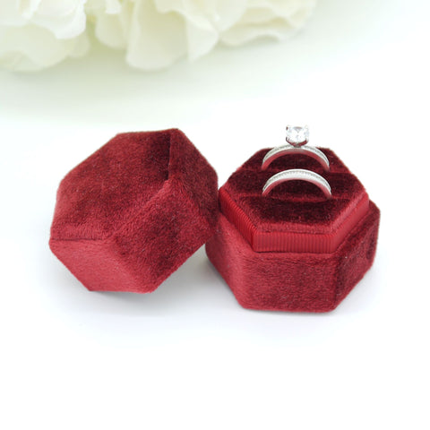 Red Hexagon Double Velvet Ring Box
