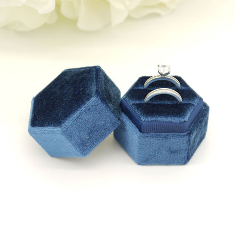 Royal Blue Hexagon Double Velvet Ring Box