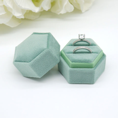 Sage Hexagon Double Velvet Ring Box
