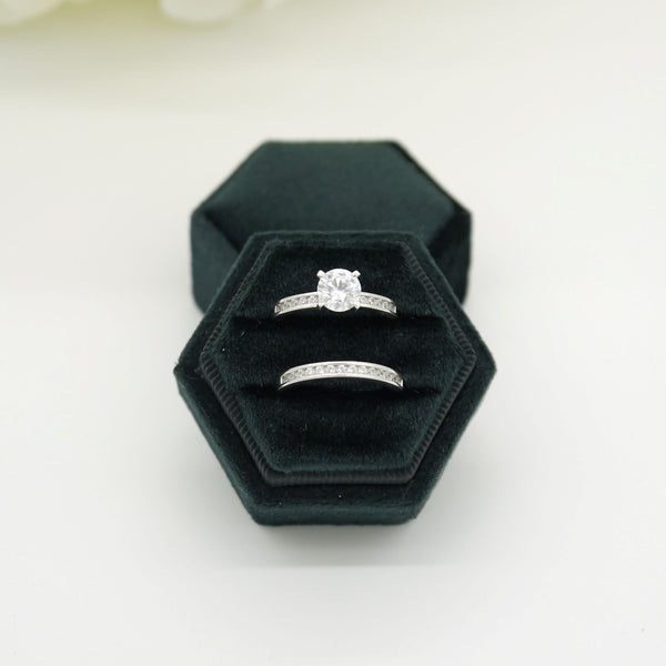 Black Hexagon Double Velvet Ring Box