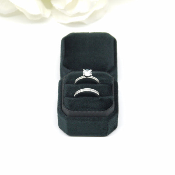 Black Square Octagon Double Velvet Ring Box