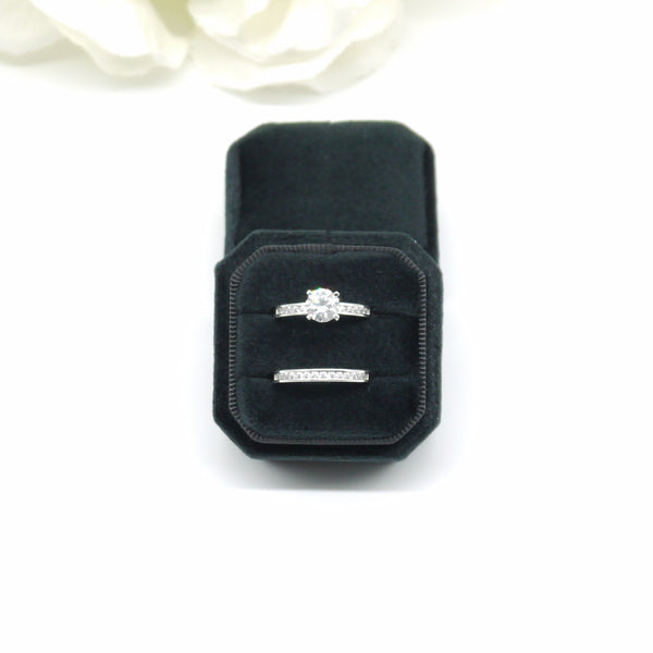 Black Square Octagon Double Velvet Ring Box