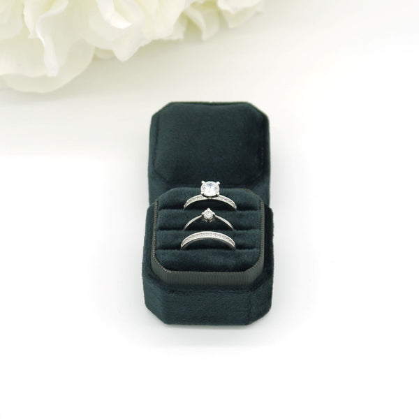 Black Square Octagon Triple Velvet Ring Box