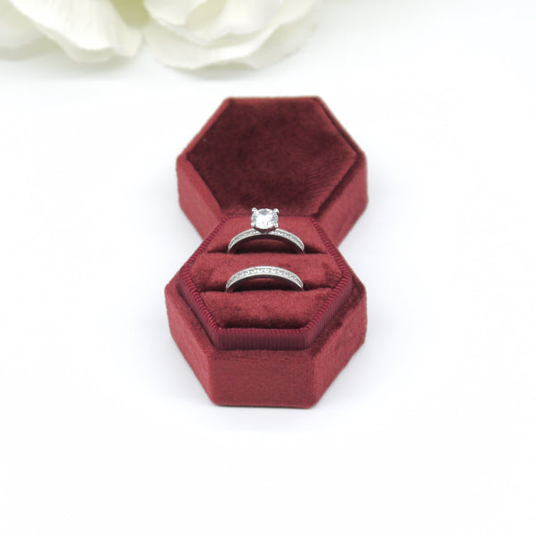 Burgundy Hexagon Double Velvet Ring Box