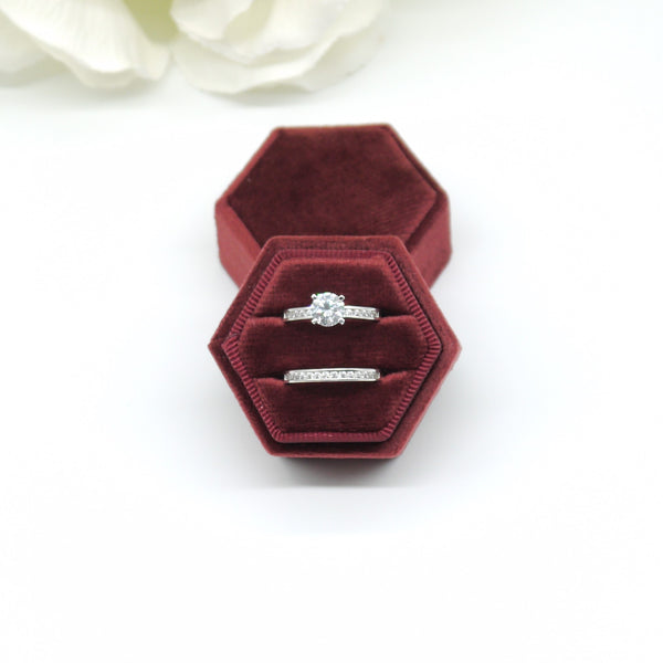Burgundy Hexagon Double Velvet Ring Box
