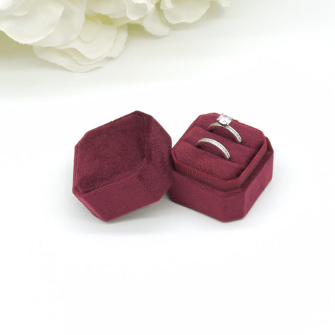 Burgundy Square Octagon Double Velvet Ring Box
