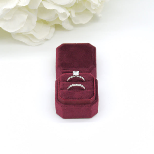 Burgundy Square Octagon Double Velvet Ring Box