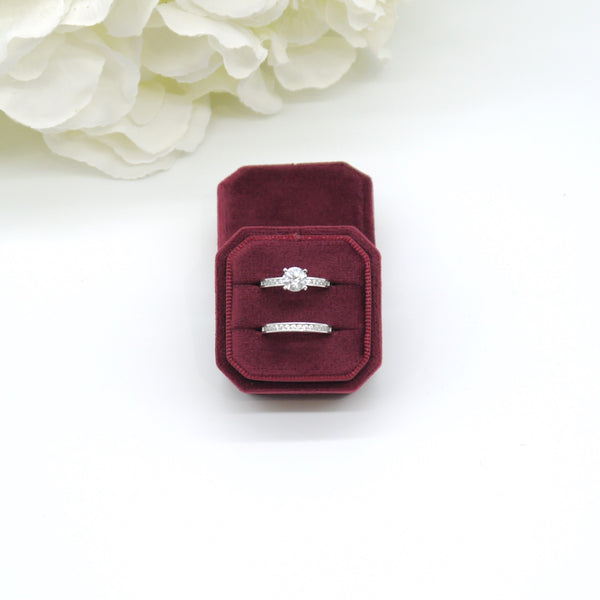 Burgundy Square Octagon Double Velvet Ring Box