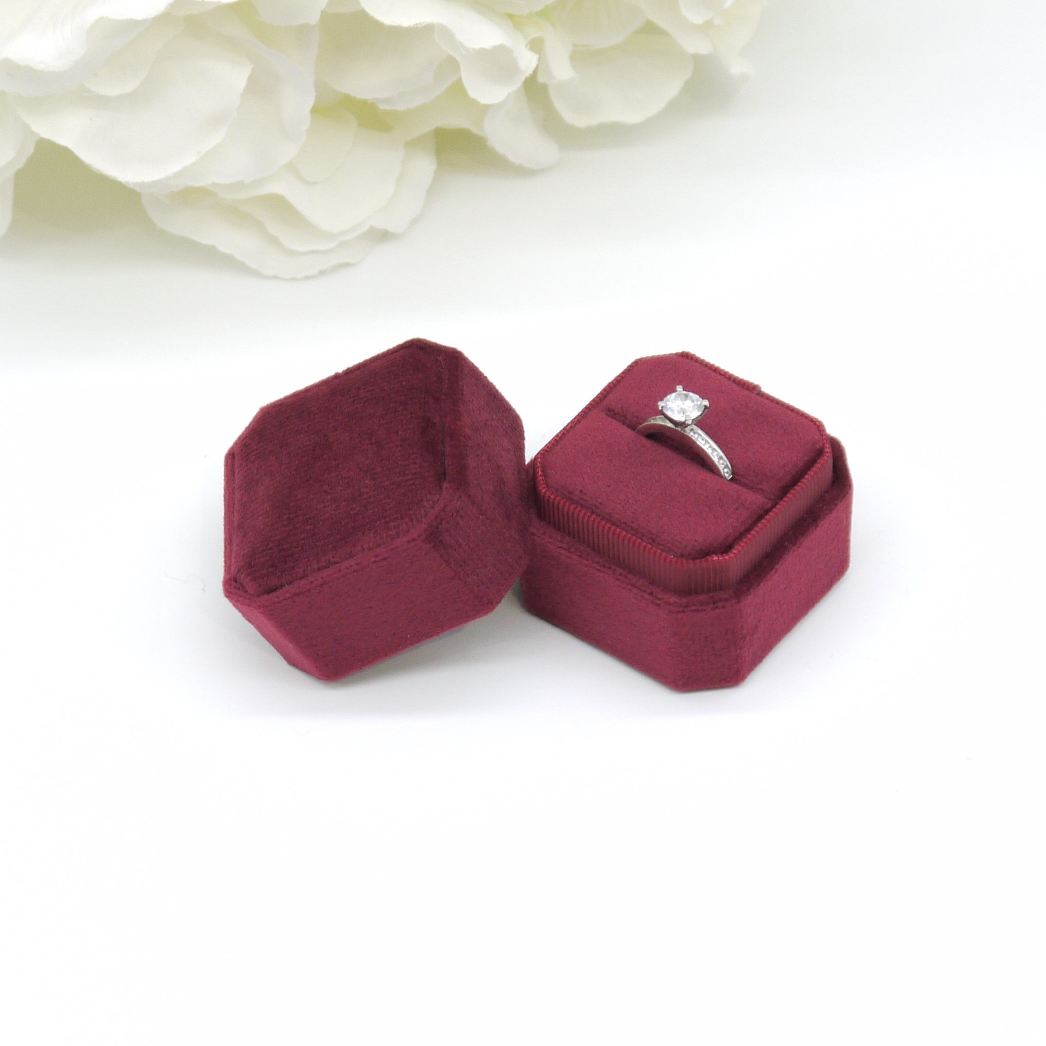 Burgundy Square Octagon Single Velvet Ring Box