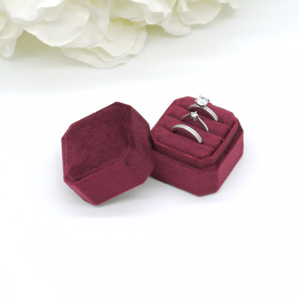 Burgundy Square Octagon Triple Velvet Ring Box