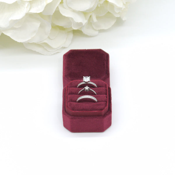 Burgundy Square Octagon Triple Velvet Ring Box