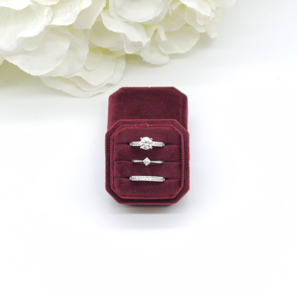 Burgundy Square Octagon Triple Velvet Ring Box