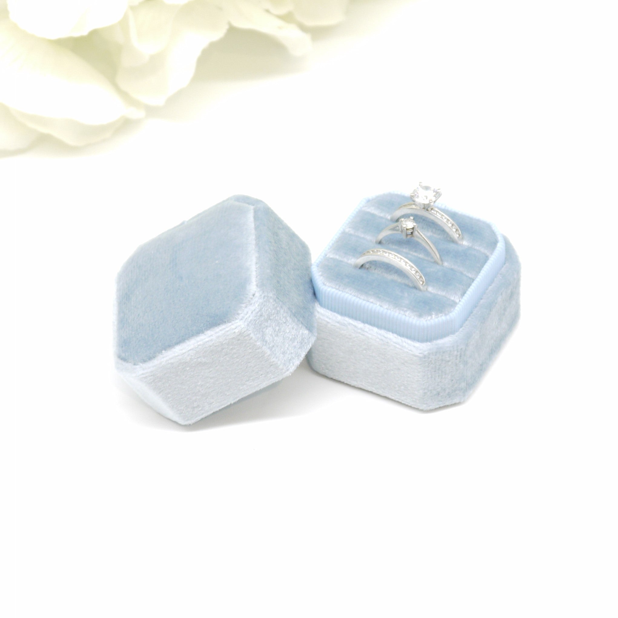 Cobalt Square Octagon Triple Velvet Ring Box