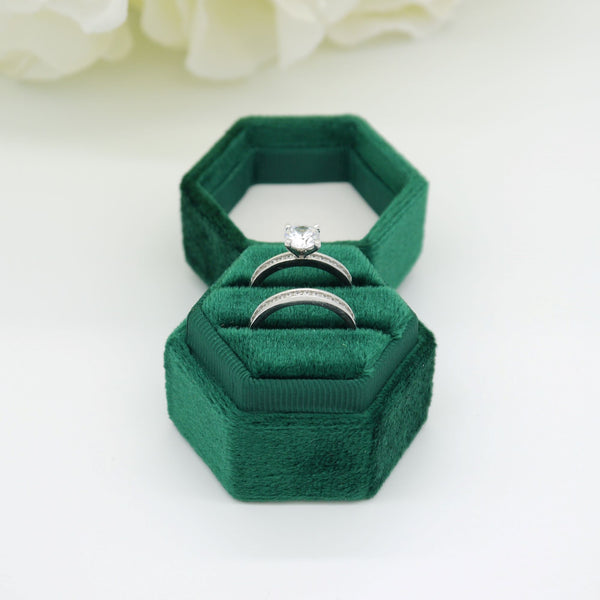 Green Hexagon Double Velvet Ring Box