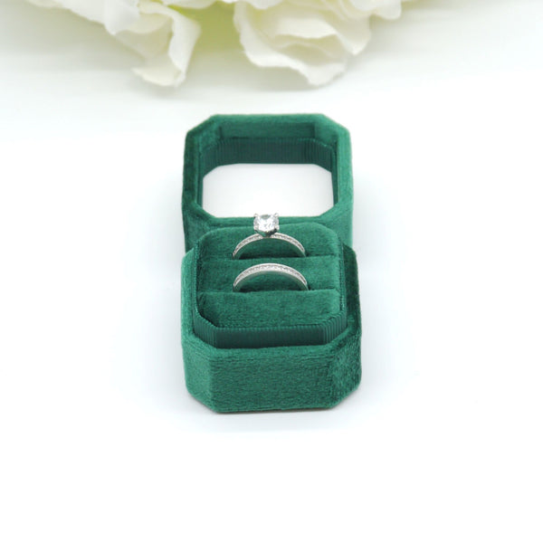 Green Square Octagon Double Velvet Ring Box
