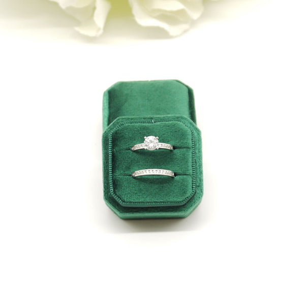 Green Square Octagon Double Velvet Ring Box