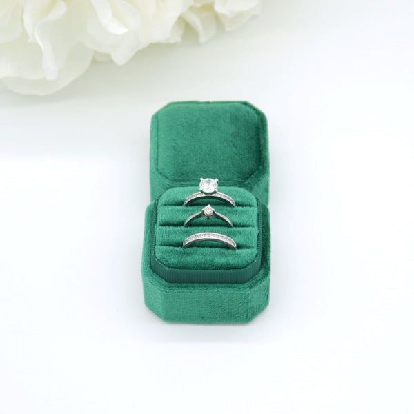 Green Square Octagon Triple Velvet Ring Box