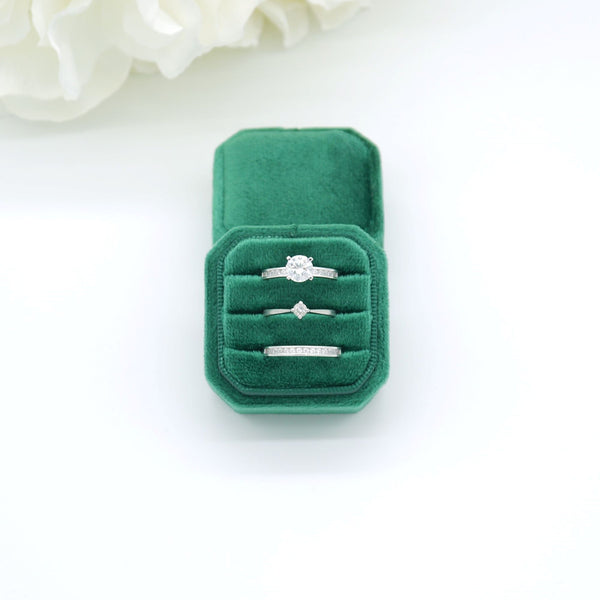 Green Square Octagon Triple Velvet Ring Box