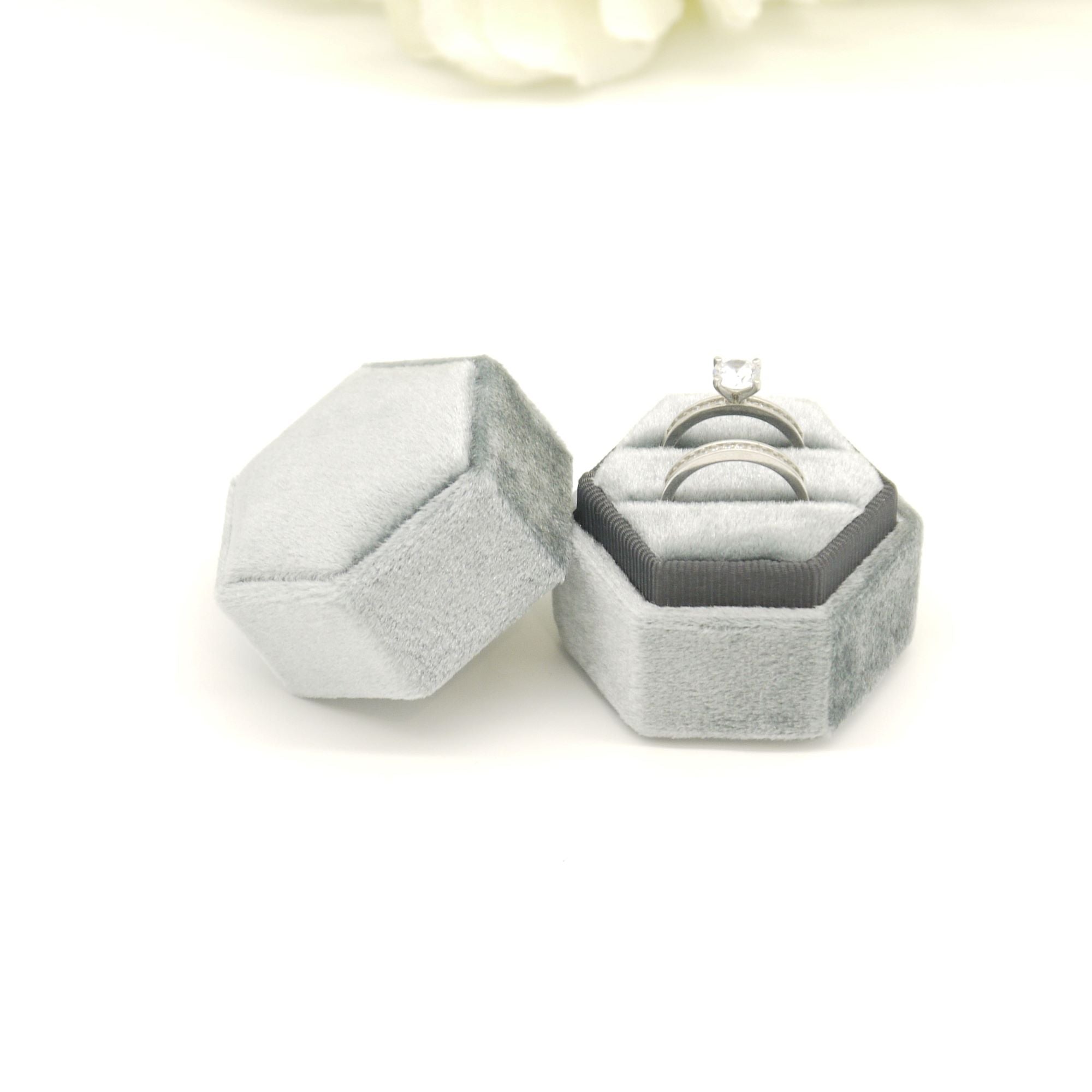 Grey (Dark Banding) Hexagon Double Velvet Ring Box