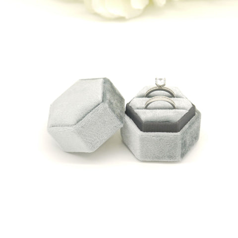 Grey (Dark Banding) Hexagon Double Velvet Ring Box