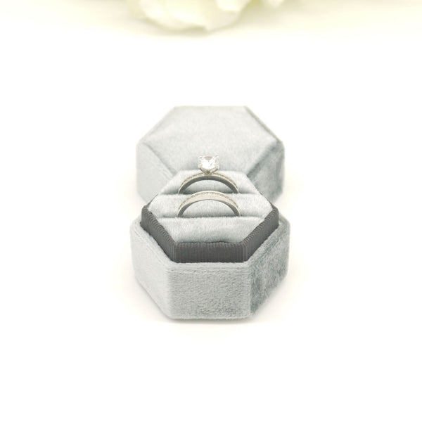 Grey (Dark Banding) Hexagon Double Velvet Ring Box