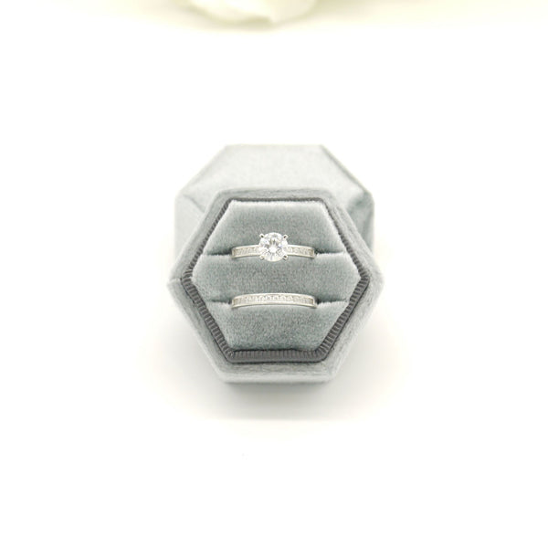 Grey (Dark Banding) Hexagon Double Velvet Ring Box