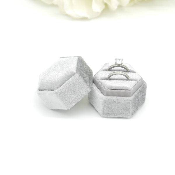 Grey (Light Banding) Hexagon Double Velvet Ring Box