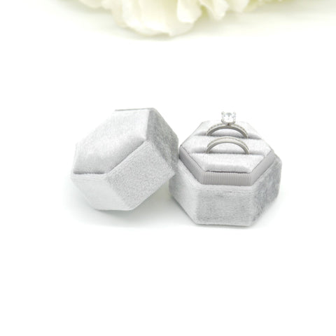 Grey (Light Banding) Hexagon Double Velvet Ring Box