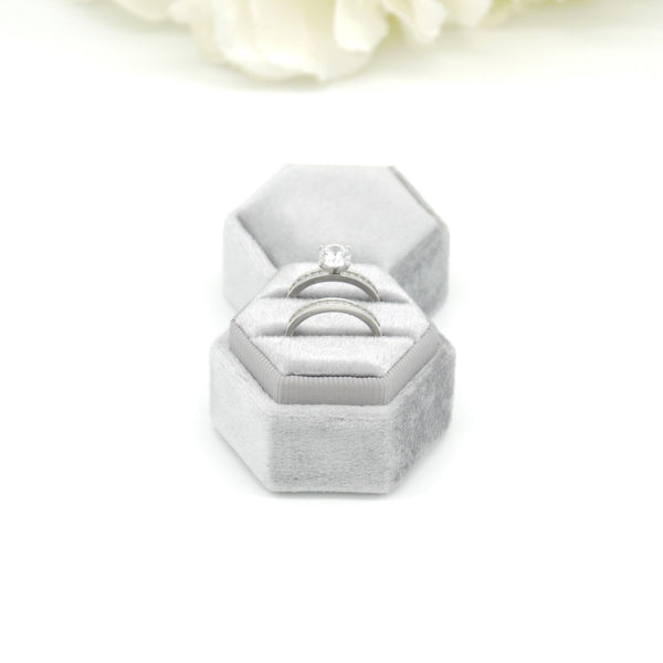 Grey (Light Banding) Hexagon Double Velvet Ring Box