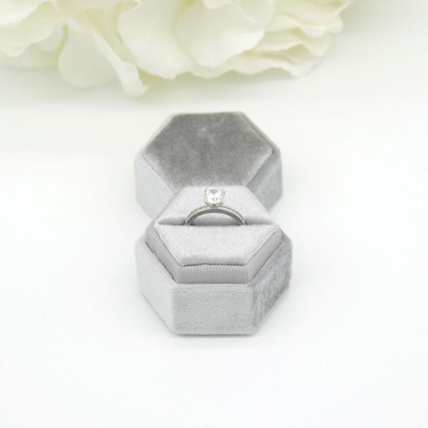 Grey (Light Banding) Hexagon Single Velvet Ring Box