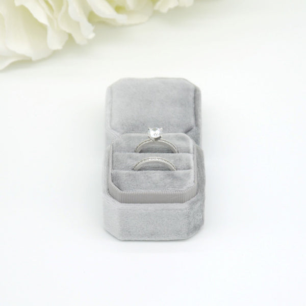 Grey (Light Banding) Square Octagon Double Velvet Ring Box