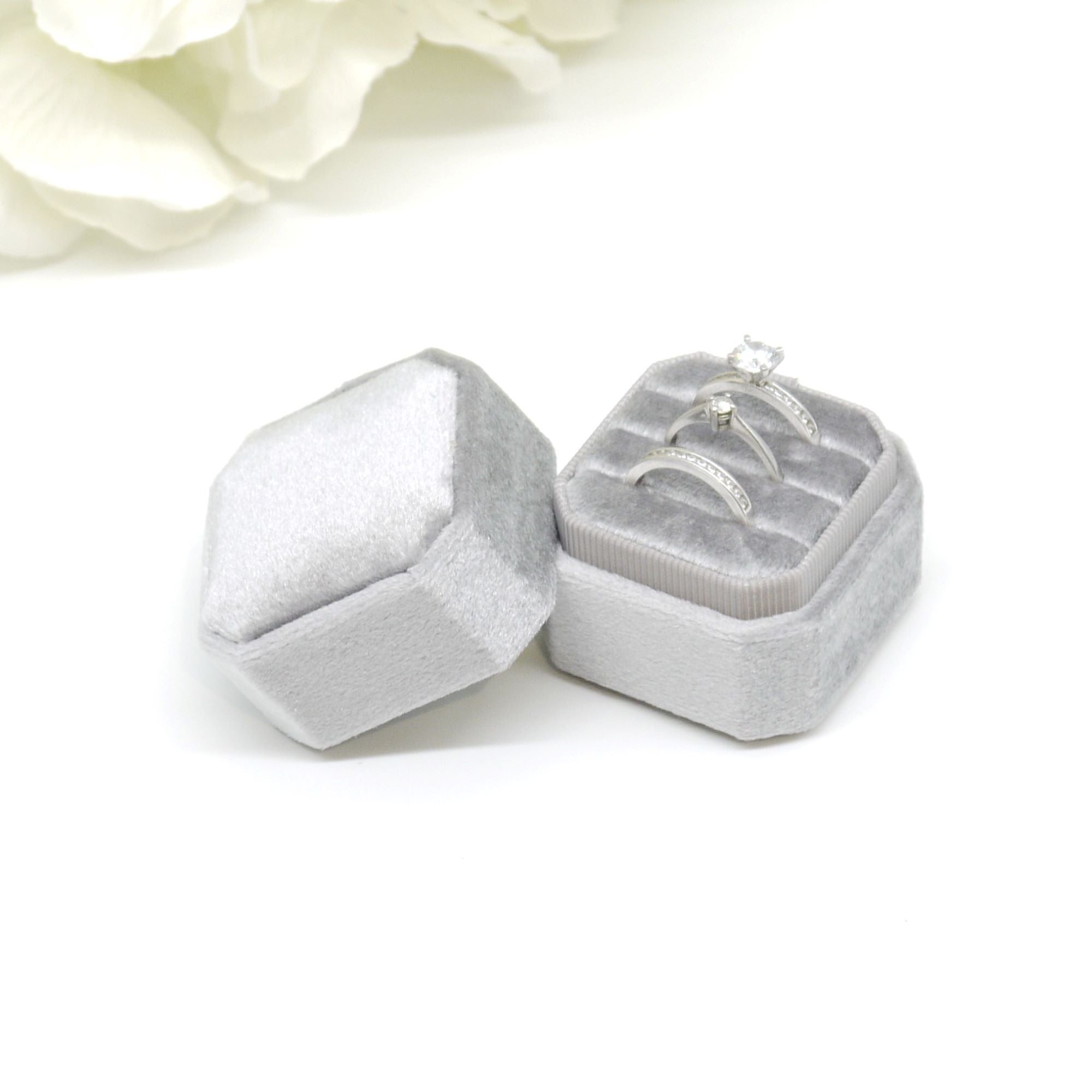 Grey (Light Banding) Square Octagon Triple Velvet Ring Box