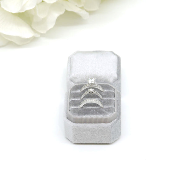 Grey (Light Banding) Square Octagon Triple Velvet Ring Box