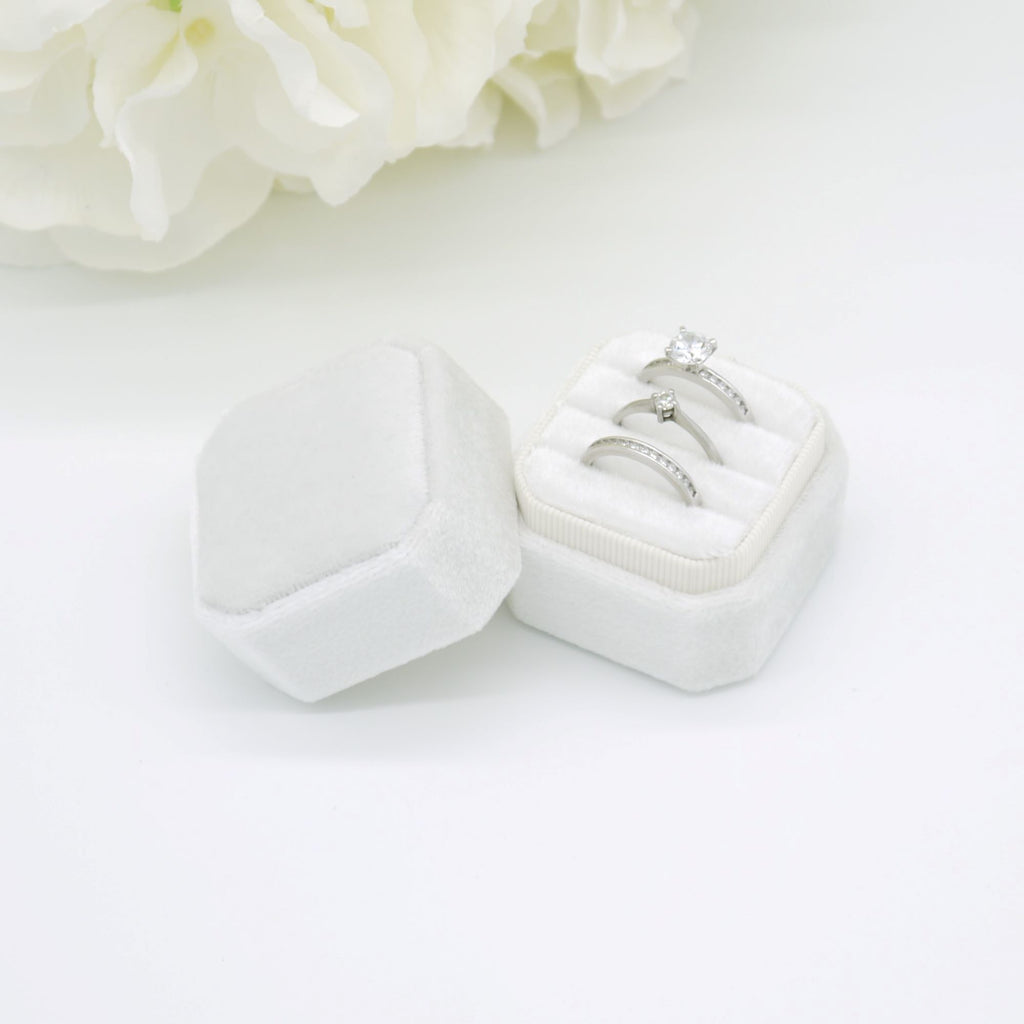Ivory Square-Octagon Velvet Triple Ring Box - Bijou Boxes