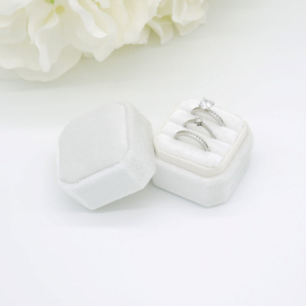 Ivory Square Octagon Triple Velvet Ring Box