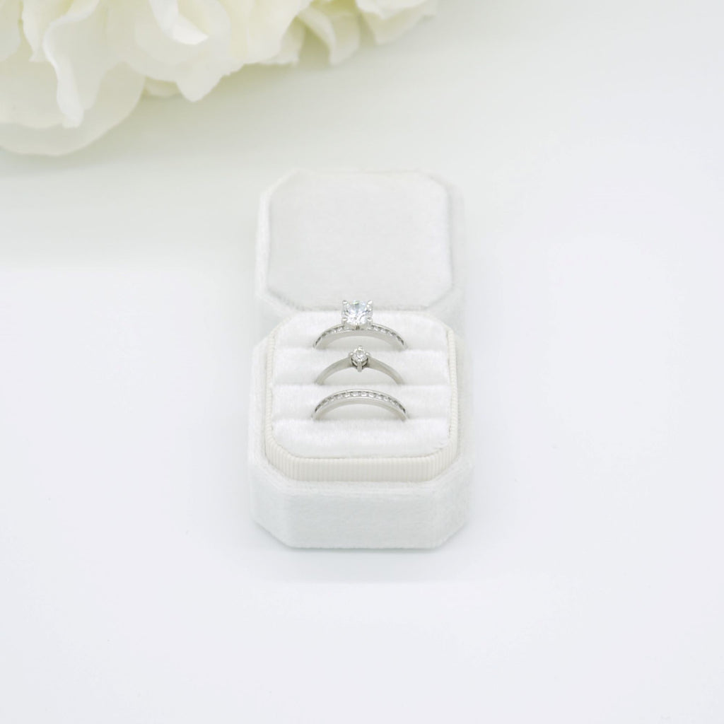 Ivory Square-Octagon Velvet Triple Ring Box - Bijou Boxes